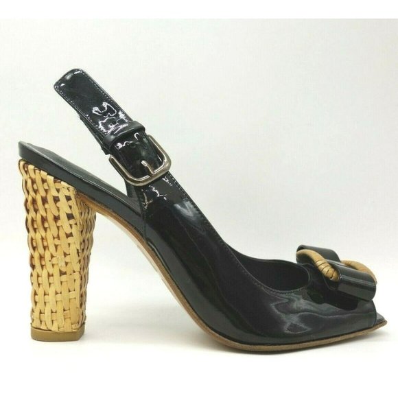 Stuart Weitzman Black Patent Leather Slingback Buckle Heels Shoes Women's 5.5 M - Picture 1 of 12